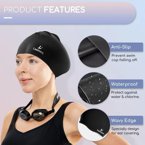 Miniatura 2 de Long Hair Swim Cap for Women 2 Pack, Silicone Swimming Caps for Unisex Adult Women Men with Ear Plugs & Nose Clip Set, Waterproof Adult Swim Hats