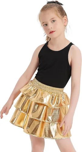 Miniatura 3 de techcity Falda metálica brillante de 3 capas con volantes para niñas, ropa de disfraz de fiesta de baile para niñas de 4 a 13 años con gafas