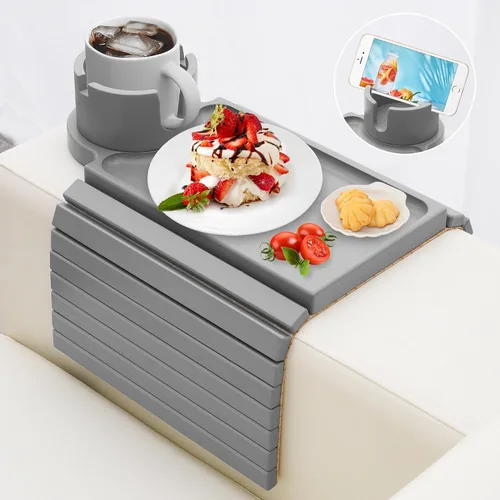 Miniatura 10 de Bandeja para portavasos de sofá, mesa de madera de acacia con soporte para teléfono, bandeja plegable grande para sofá para mesa de aperitivos
