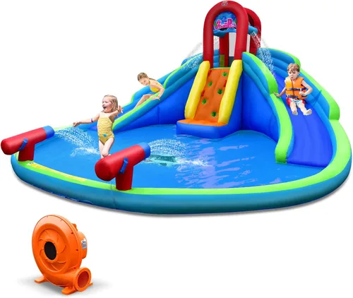 Miniatura 9 de HONEY JOY Toboganes acuáticos inflables, casa de rebote para niños con toboganes largos, pared de escalada y piscina grande para salpicaduras