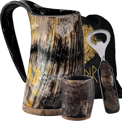 Miniatura 11 de FENRIR Taza de cuerno vikingo de 16 onzas con vaso de chupito, regalos vikingos para hombres y mujeres, abridor de botellas, jarra de cuerno de buey
