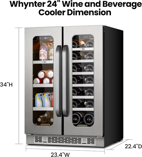 Miniatura 9 de Whynter Refrigerador de vino y bebidas de doble zona de 24 pulgadas, 20 botellas, 60 latas, refrigerador de vino con puerta de vidrio, enfriador