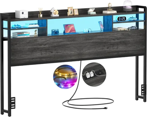 Miniatura 15 de Aheaplus Cabecero para cama de tamaño individual con almacenamiento, cabeceros con luz LED, tomas de corriente, puertos USB, tamaño individual