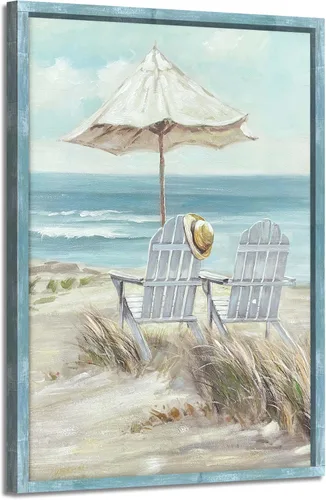 Miniatura 18 de Arte de pared enmarcado costero abstracto, imagen de silla de playa, pintura moderna del océano, impresiones de paisaje marino relajante, decoración