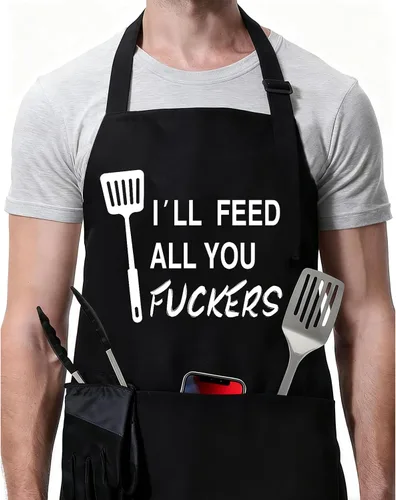 Miniatura 11 de ZOORON Divertidos delantales de chef negros para hombres, ajustables, para barbacoa, cocina, con bolsillos, accesorios para parrilla Tu opinión