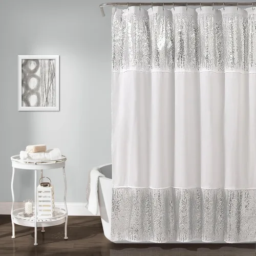 Miniatura 2 de Lush Decor 1 cortina de ducha con lentejuelas brillantes, diseño elegante y brillante para baño, 70 x 72 pulgadas, plateado y blanco, 70 x 72