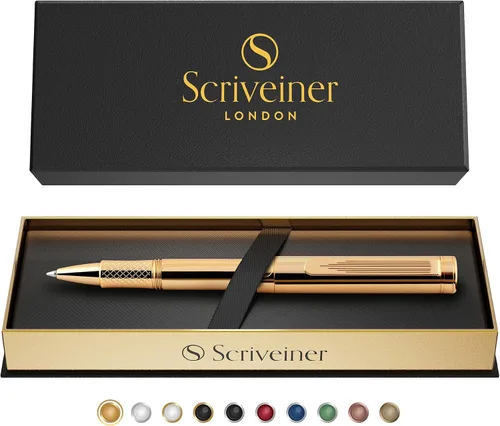 Miniatura 9 de Scriveiner Bolígrafo de punta redonda de oro pesado, galardonado bolígrafo de bolsillo de lujo con acabado chapado en oro, repuesto alemán Schmidt