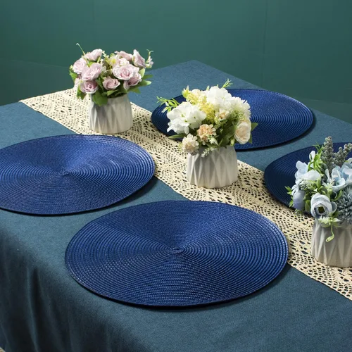 Miniatura 7 de AHHFSMEI Juego de 6 manteles individuales redondos trenzados de 15 pulgadas para mesas de comedor, tejido natural, resistentes al calor, color azul