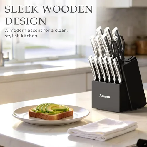 Miniatura 3 de Astercook Juego de Cuchillos de Cocina con Bloque y Afilador Full Tang 15 Piezas Cuchillos de Acero Inoxidable Premium Aptos para Lavavajillas Juego