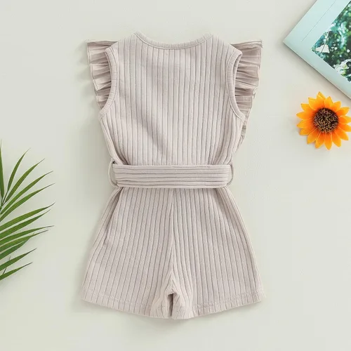 Miniatura 4 de AEEMCEM Mameluco corto para bebé niña con volantes, sin mangas, con botones, cinturón, traje de verano