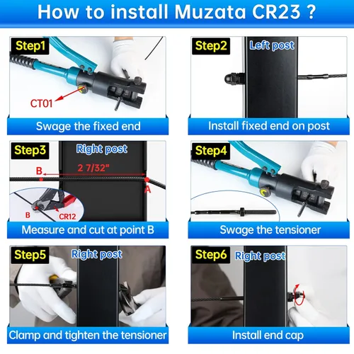 Miniatura 4 de Muzata Paquete de 10 accesorios de barandilla de cable negro de 1/8 pulgadas, tensor roscado a mano para poste de metal de 2 x 2 pulgadas, sistema