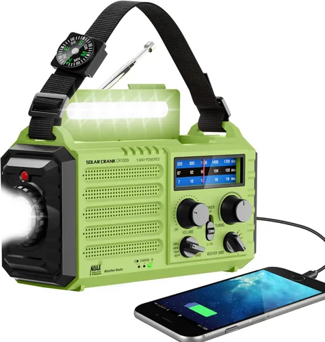 Miniatura 14 de Radio meteorológica de emergencia, manivela solar, funciona con pilas, radio de onda corta AM FM portátil con alerta NOAA, linterna, lámpara de Rojo