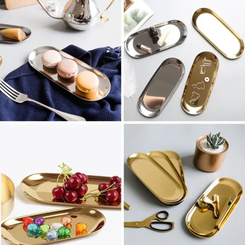 Miniatura 3 de Bandeja decorativa de acero inoxidable, juego de 2, 9 pulgadas de largo, organizador de cosméticos, organizador de baño, bandeja de almacenamiento
