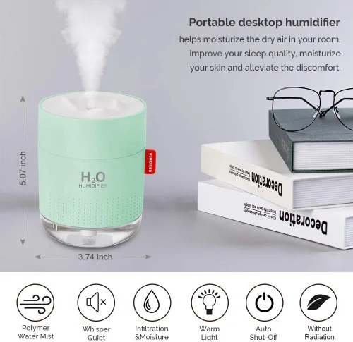 Miniatura 2 de Mini humidificador portátil verde, 16.9 fl oz, pequeño humidificador de escritorio USB de niebla fría para dormitorio de bebé, viajes, oficina