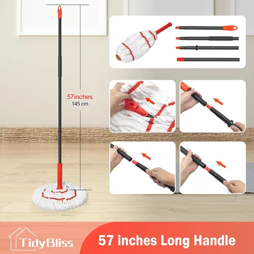 Miniatura 5 de TidyBliss Trapeador giratorio para limpieza de suelos, 57.5 pulgadas de largo con mango de algodón con escurridor, mopa húmeda de microfibra lavable