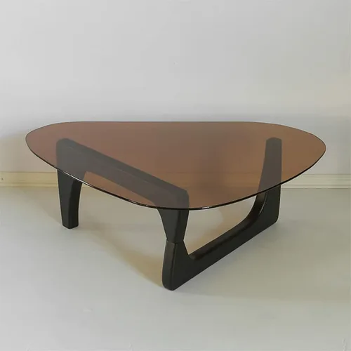Miniatura 6 de Mesa auxiliar de cristal triangular, simple y moderna, mesa auxiliar vintage de vidrio y base de madera maciza, mesa auxiliar para sala de estar