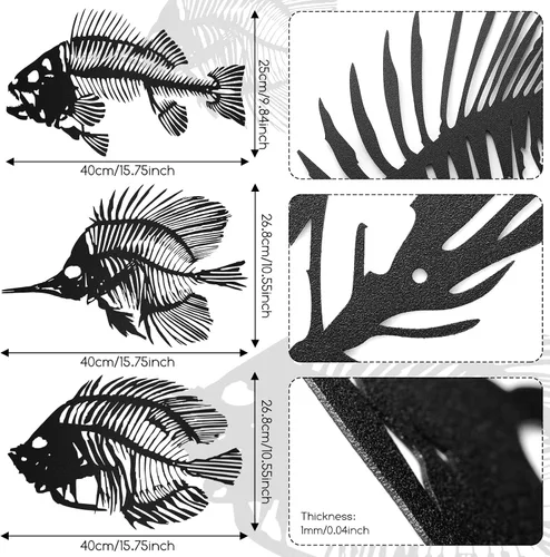 Miniatura 2 de Zhengmy 3 piezas de arte de pared de metal, escultura de pescado colgante de hueso de pescado de metal, decoración de pared rústica, estilo náutico