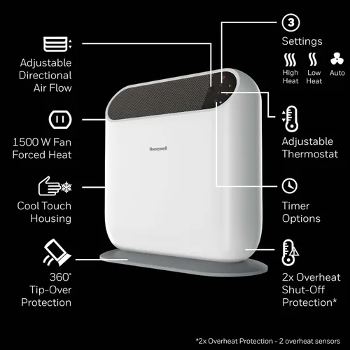 Miniatura 4 de Honeywell ThermaWave 6 Calentador de espacio con tecnología cerámica, color blanco, calentador de cerámica con termostato programable