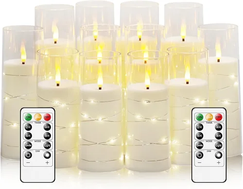 Miniatura 13 de Velas sin llama, con cadena de estrellas incorporada, velas operadas por baterías, velas LED parpadeantes, velas de pilar con control remoto