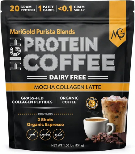 MariGold Café de colágeno alto en proteínas, café con leche de colágeno moca, sin lácteos, 0.71 onzas de péptidos de colágeno tipo I y III