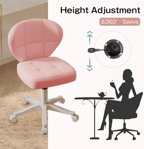 Miniatura 7 de Silla pequeña de oficina con soporte lumbar, silla de escritorio sin brazos de cuero sintético giratoria con altura ajustable, silla compacta Rosa