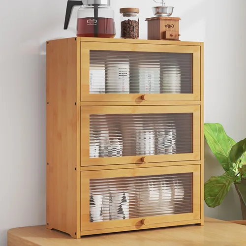 Miniatura 4 de Gdrasuya10 Armario de almacenamiento de despensa de cocina de 3 niveles, armario de despensa de bambú con 3 puertas, estante de almacenamiento