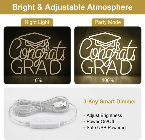Miniatura 9 de Letrero de Felicitaciones Graduación Neón 2025 - Decoración de Graduación USB Blanca Cálida para Telón de Fondo, Dormitorio, Noche de Prom AA- Blanco