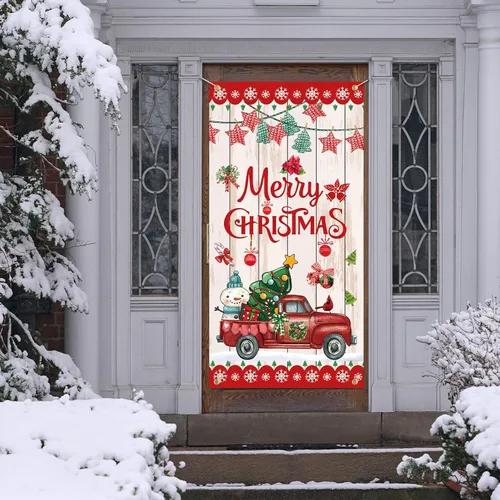 Miniatura 6 de SENSEVEN Cartel de puerta de Feliz Navidad – Cubierta grande de árbol de pino de invierno, muñeco de nieve roja, telón de fondo de bienvenida