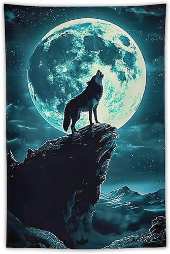 Miniatura 10 de FeoYoed Tapiz para colgar en la pared, decoración estética para dormitorio, sala de estar, tapices de arte de pared, arte de lobo, galaxia