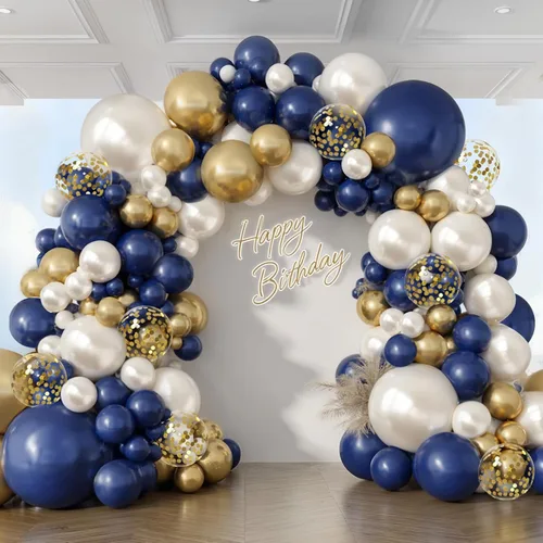 Kit de arco de globos azul marino, dorado y blanco, 129 piezas de doble relleno, azul real, cromado, oro, perla, arena, blanco, confeti, guirnalda