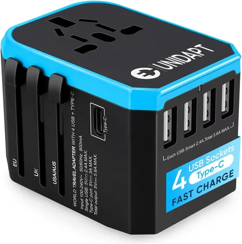 Adaptador de viaje universal, adaptador de enchufe internacional Unidapt de 5.6A, alimentación inteligente 3.0A 4 USB 1 tipo C, adaptador de Azul