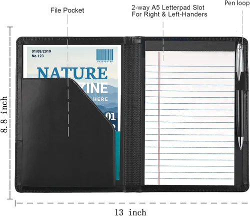 Miniatura 3 de Gorbado Carpeta para portafolio o cartera, mini carpeta de 5 x 8 pulgadas, bloc de escritura legal, carpeta organizadora de documentos A5 para Negro