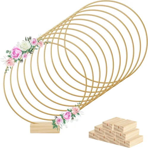 Miniatura 9 de BOUBONI 5 piezas de centro de mesa de aro floral de metal de 8 pulgadas con 5 soportes de madera para mesa de corona de metal soporte para centro
