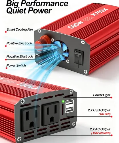 Miniatura 6 de YSOLX Inversor de corriente de 500 W de 12 V a 110 V para vehículos con carga rápida dual USB de 24 W y 2 salidas de CA, ideal para viajes por