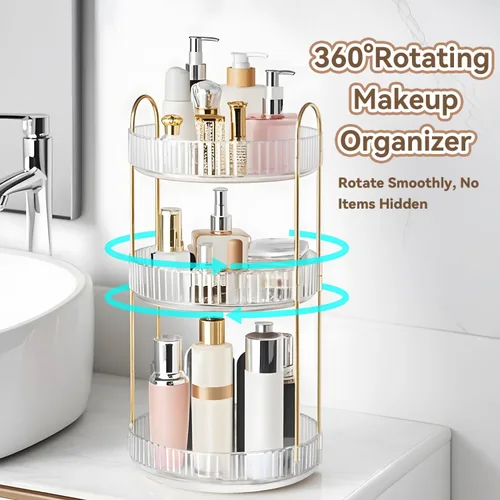 Miniatura 4 de Organizador de maquillaje giratorio de 360° para tocador, organizadores de perfumes de 3 niveles, organizadores de cuidado de la piel y Transparente