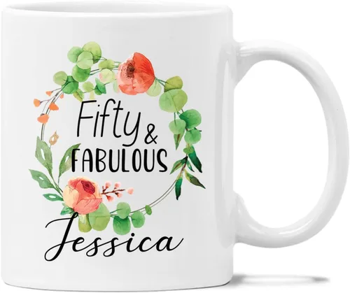 Fifty & Fabulous - Taza de regalo para mujer/hombre, tazas personalizadas con nombre, regalos personalizados de 50 cumpleaños para