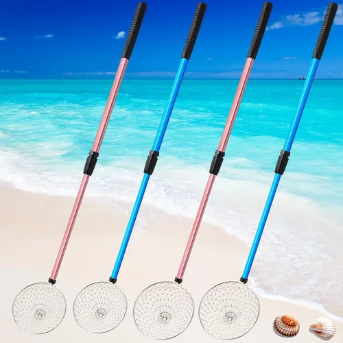 Roshtia 4 Pcs Beach Sand Sifter Set, Adjustable Long Handle Shell Scoop, Shark Tooth Sifter Mesh Shovel for Family Seashell Collecting, Sea Glass