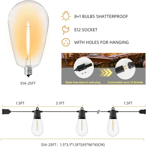 Miniatura 5 de Luces de Cadena para Exteriores 50 pies IP65 Impermeables Luces de Patio con 15 + 2 Bombillas LED Irrompibles Grado Comercial Luces de Cadena LED
