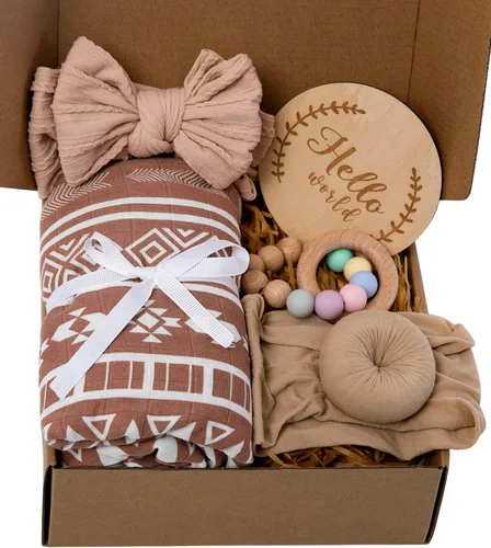 Set de regalo para niña – 5 piezas para baby shower con manta de muselina para envolver, mordedor de madera, diademas y tarjeta de hito de Hello
