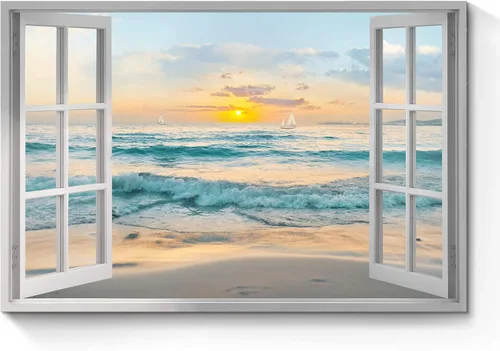 Arte de pared con ventana abierta del océano: puesta de sol, escena de playa costera, pintada sobre lienzo, paisaje marino azul, veleros náuticos,