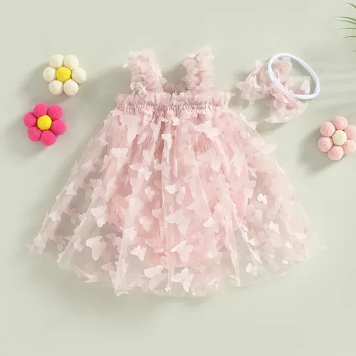 Miniatura 7 de Vestido de princesa para bebé niña 3D de malla de mariposa morada, sin mangas, de tul + diadema