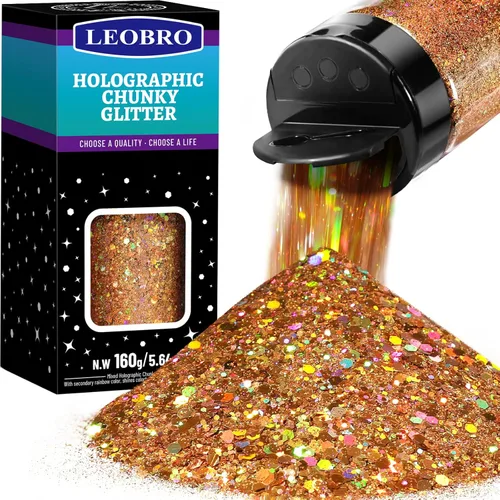 LEOBRO - Purpurina gruesa holográfica dorada antigua, 160g/5.64oz, para manualidades, resina, uñas, cuerpo, vasos, decoraciones de fiesta Láser Oro