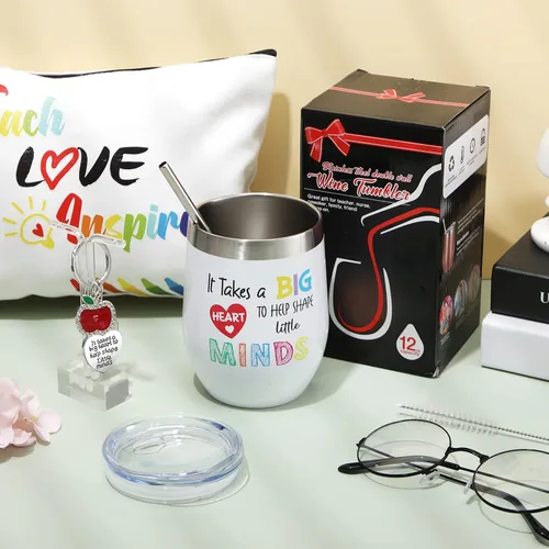 Miniatura 3 de Geiserailie Set de regalo de agradecimiento para profesores, vaso de vino, llavero, bolsas de maquillaje con caja (estilo fresco)