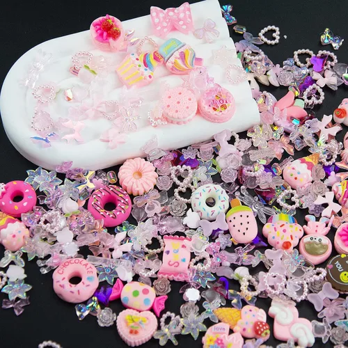 330 dijes de uñas 3D de color rosa surtido, múltiples formas, corazón, flor, mariposa, lazo, perlas, encantos de uñas de caramelo rosa, lindos dijes