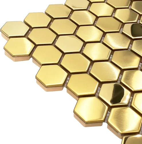 Miniatura 9 de Blujellyfish Azulejos de Backsplash Hexagonales Dorados de Metal Azulejos de Mosaico de Acero Inoxidable Cepillado/Brillante Cocina Baño Backsplash