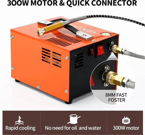 Miniatura 3 de Compresor de aire PCP portátil, 4500 PSI/30 MPa, libre de agua y aceite, 12 V CC/110 V CA de doble alimentación con convertidor de potencia, Naranja