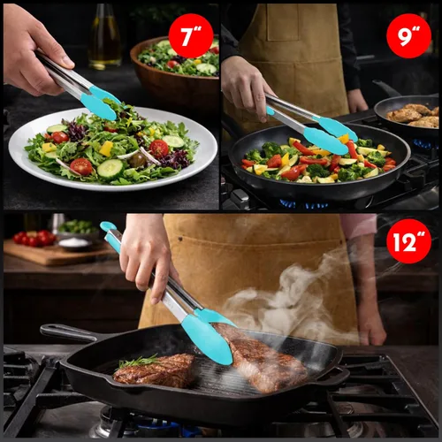 Miniatura 7 de Pinzas de cocina para cocinar con puntas de silicona, pinzas resistentes al calor para servir alimentos, 7 pulgadas, 9 pulgadas, 12 pulgadas, pinzas