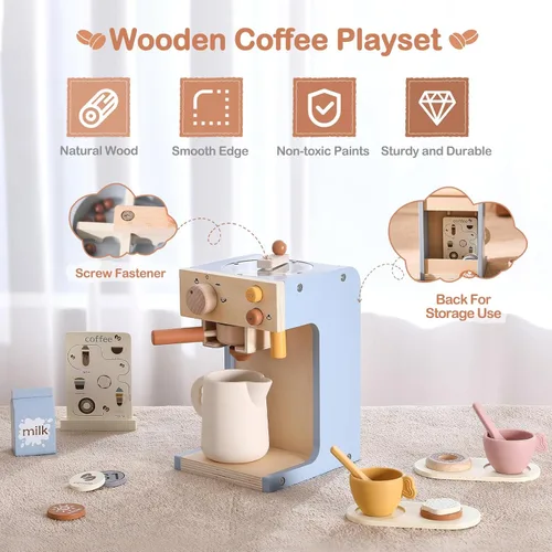 Miniatura 2 de EERKEOD Cafetera de juguete para niños, cafetera de madera para niños, juego para niños pequeños, accesorios de cocina, regalo para niñas y niños