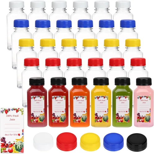 Miniatura 9 de SUPERLELE 10 botellas de plástico para jugo de 12 onzas con 10 tapas negras y 10 tapas azules, recipientes de jugo reutilizables con tapas