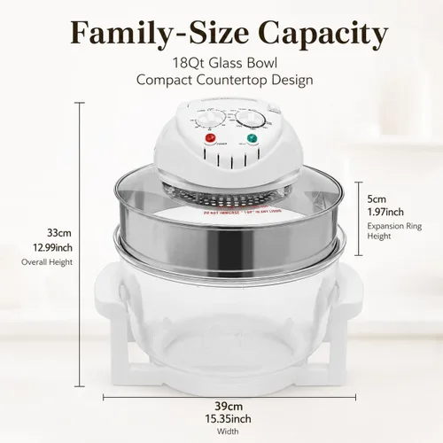 Miniatura 5 de Freidora de aire de vidrio grande de 18 cuartos – Cocina de circulación halógena y de aire caliente visible en 360°, 1200–1400 W, control preciso
